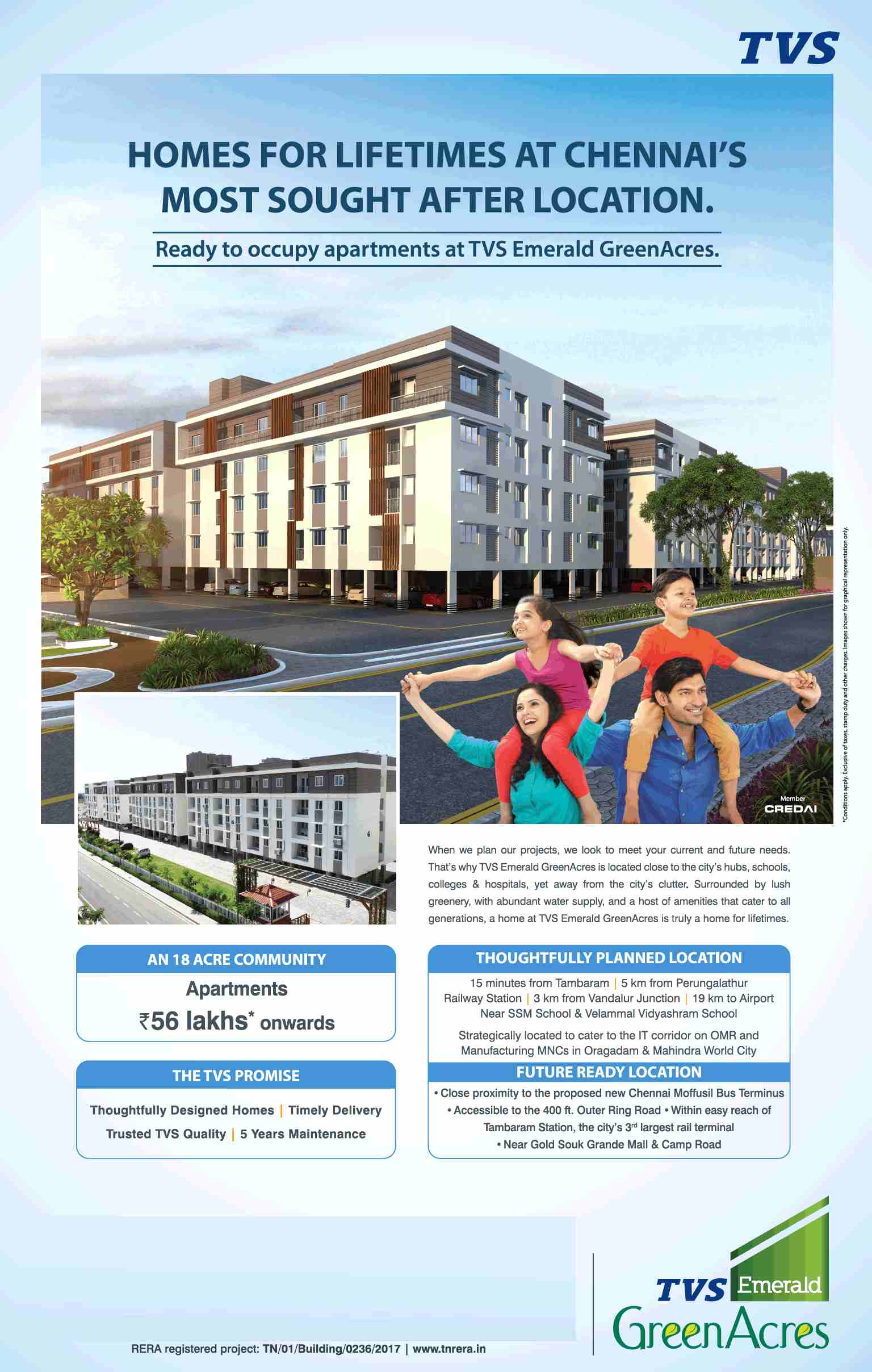 Book ready to move apartments @ Rs 56 lakhs at TVS Emerald Green Acres in Chennai